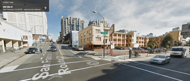 Scene of the accident, from Google Street View. The arrow marks the location of the vehicle