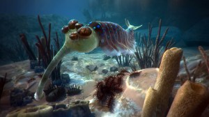 Opabinia, 5 eyes and a trunk, a 450 million years old creature from "David Attenborough in a VR journey".