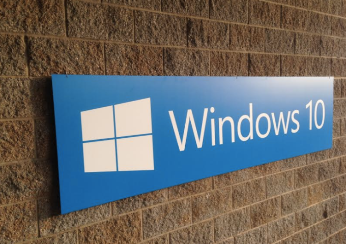 A Windows 10 sign on Microsoft's campus.