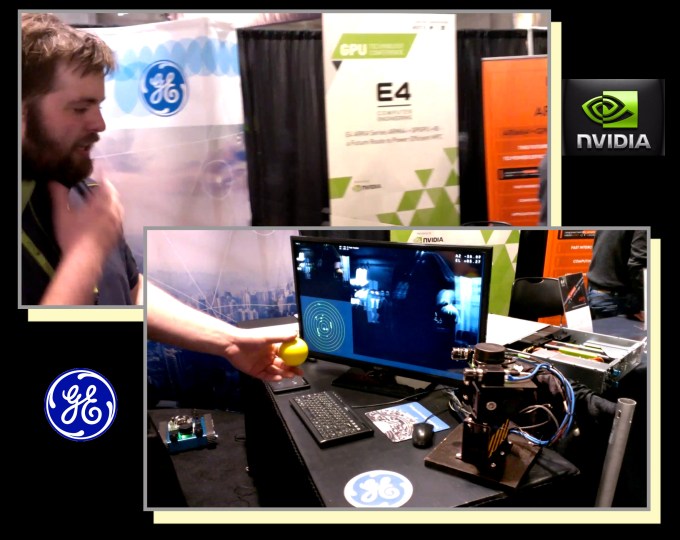 At Nvidia’s GPU Tech Conference, General Electric engineer Dustin Franklin demonstrates Nvidia Tegra K1-based technology driving a mounted stereoscopic camera tracking a yellow ball. The detector system is akin to the tech to be used by the Griffin lander. Franklin is one of several GE engineers working alongside Astrobotic’s.