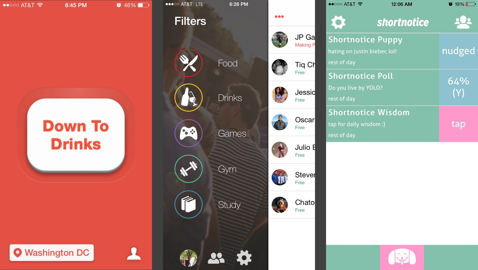 Launch screens for Down To Lunch, Hangster, and Shortnotice