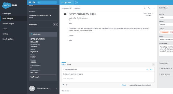 Desk.com with SalesforceIQ info embedded.