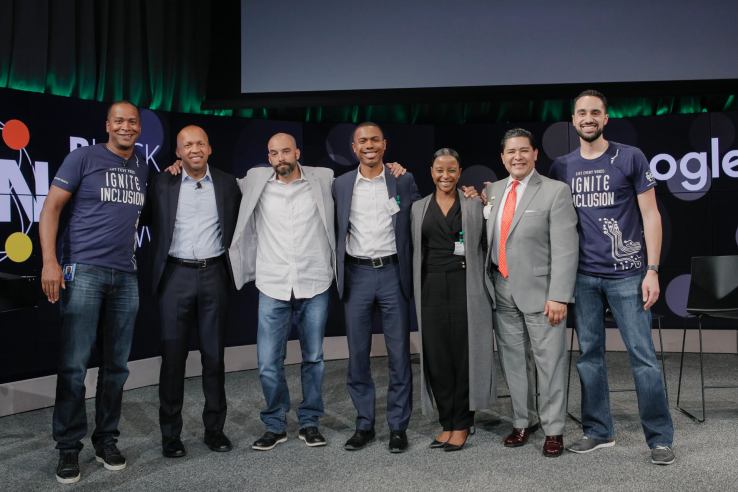 Pictured left to right: David Drummond, Senior Vice President, Corporate Development, Alphabet, with Google.org grantees: Bryan Stevenson, Founder and CEO, Equal Justice Initiative, Dr. Jeff Duncan-Andrade, Founder, Roses in Concrete Community School, Oakland, Landon Dickey, Special Assistant for African American Achievement & Leadership, San Francisco Unified School District, Alexandra Bernadotte, Founder and CEO, Beyond 12, Richard Carranza, Superintendent, San Francisco Unified School District, and Justin Steele, Principal, Google.org