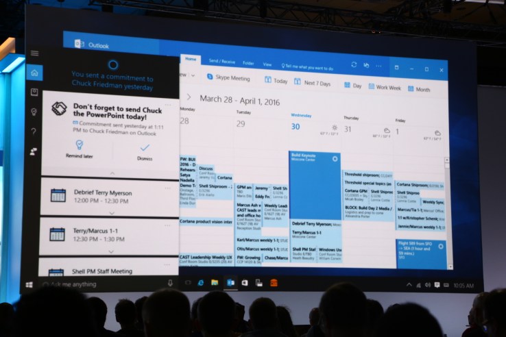 Cortana flexing her muscles: "Send Chuck the Powerpoint I worked on yesterday" picks the right file and offers to send it to the correct person. That's impressive, and way cleverer than what's available from other smart assistants.