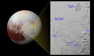 Hills of water ice appear to float on a sea of frozen nitrogen / Image courtesy of NASA