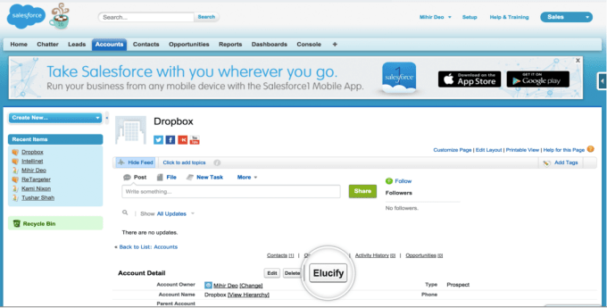 Elucify button in Salesforce CRM record window.