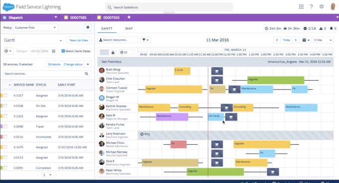 Dispatcher Gant Chart in Salesforce field service application.