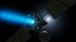 Illustration of the Dawn spacecraft with its traditional solar electric ion propulsoin system / Image courtesy of NASA