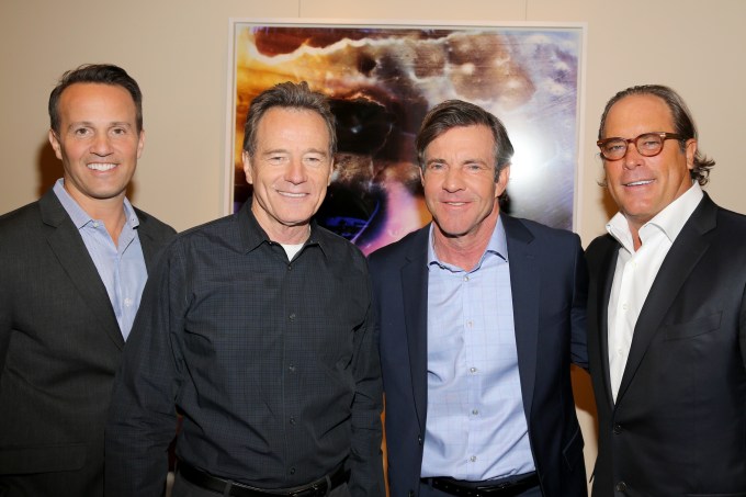From left, GM of Crackle and EVP of Sony Pictures Digital Television Networks, Eric Berger, actors Bryan Cranston, and Dennis Quaid, and Chairman of Sony pictures Television, Steve Mosko are seen at the Crackle Upfront at New York City Center on Wed. April 20, 2016 in New York City. (Photo by Michael Zorn/Invision for Crackle/AP Images)