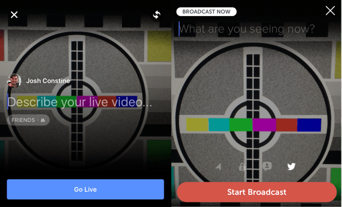 Pre-broadcast screens from Facebook Live and Periscope (from left)