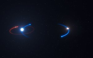 This graphic shows the orbit of the planet in the HD 131399 system (red line) and the orbits of the stars (blue lines). The planet orbits the brightest star in the system, HD 131399A / Image/caption courtesy of ESO