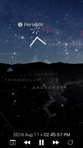 Screenshot of Sky Guide app after searching for Perseids