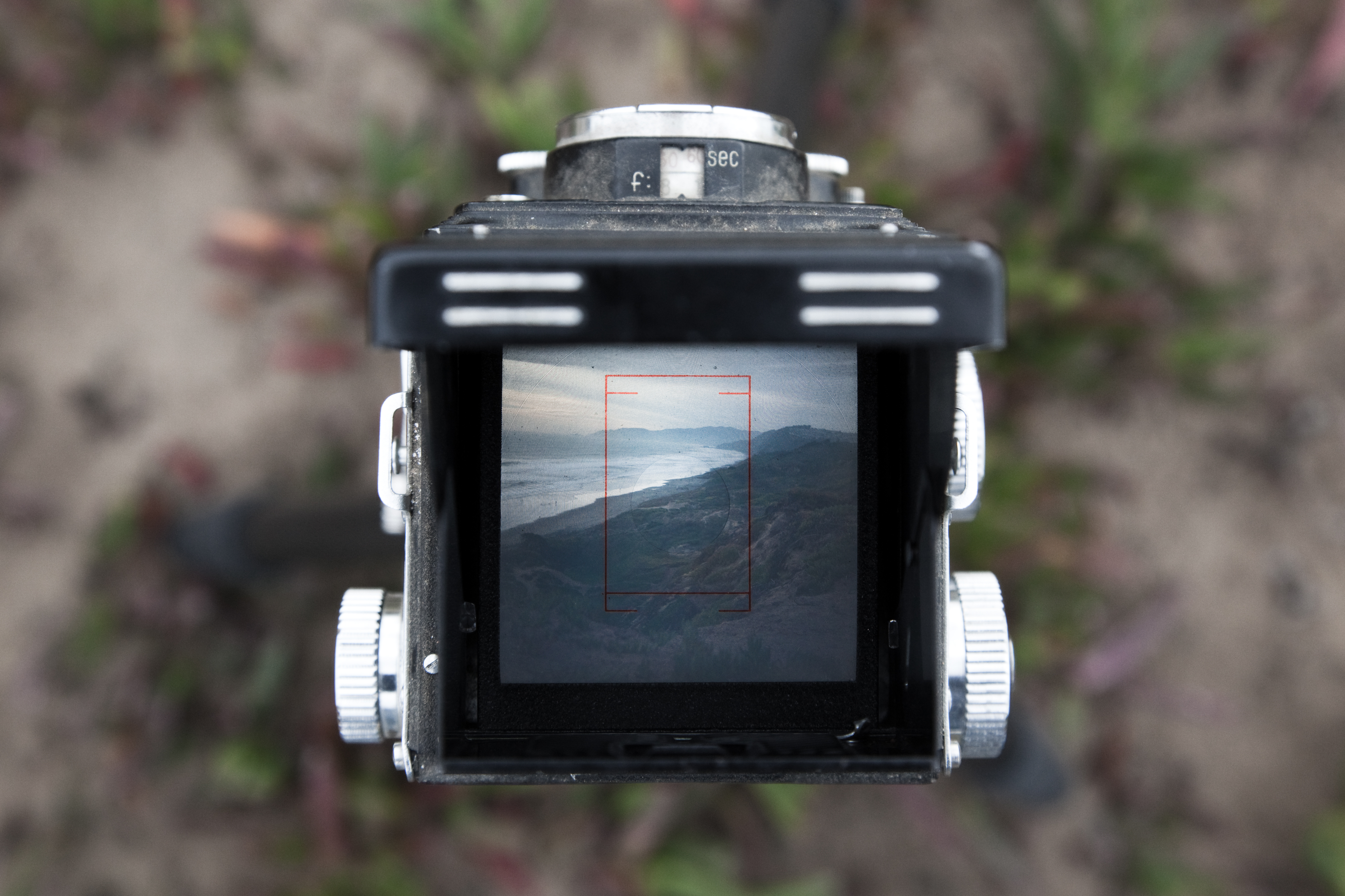 Top down view of a Yashica-635 Twin Lens Reflex.