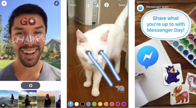 Facebook's latests attempts to clone Snapchat (from left): Facebook's Camera Feed with selfie lenses, Instagram Stories with creative tools for sharing imperfect images, Messenger Day for 24-hour ephemeral sharing