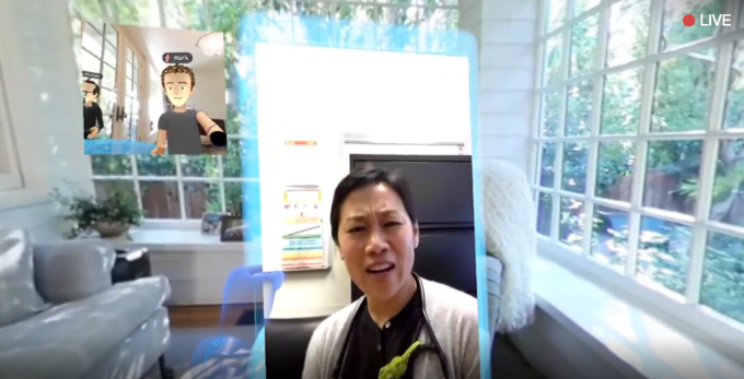 Zuckerberg takes a Messenger video call in VR with his wife
