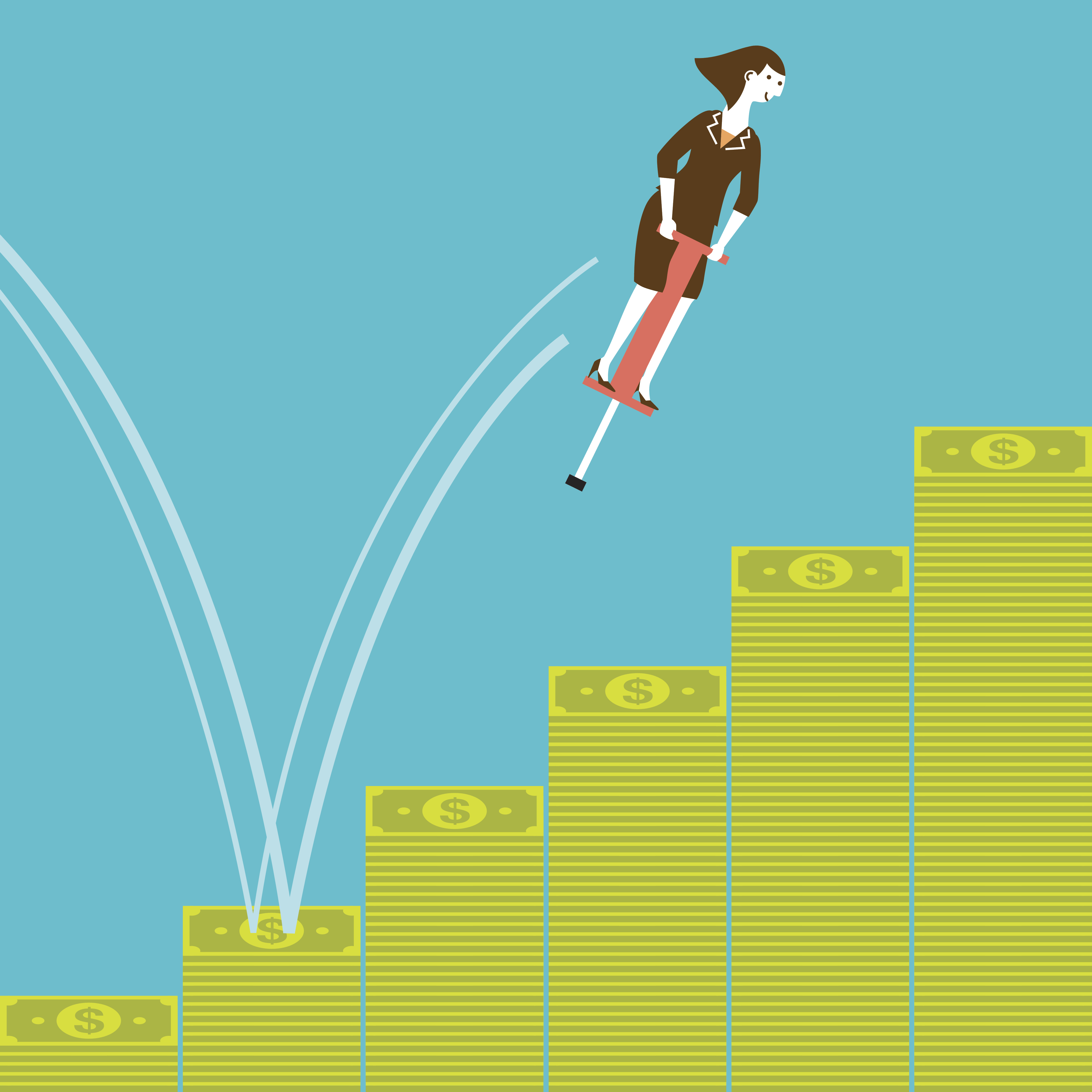 Businesswoman Pogostick Jumping on Banknotes | New Business Concept