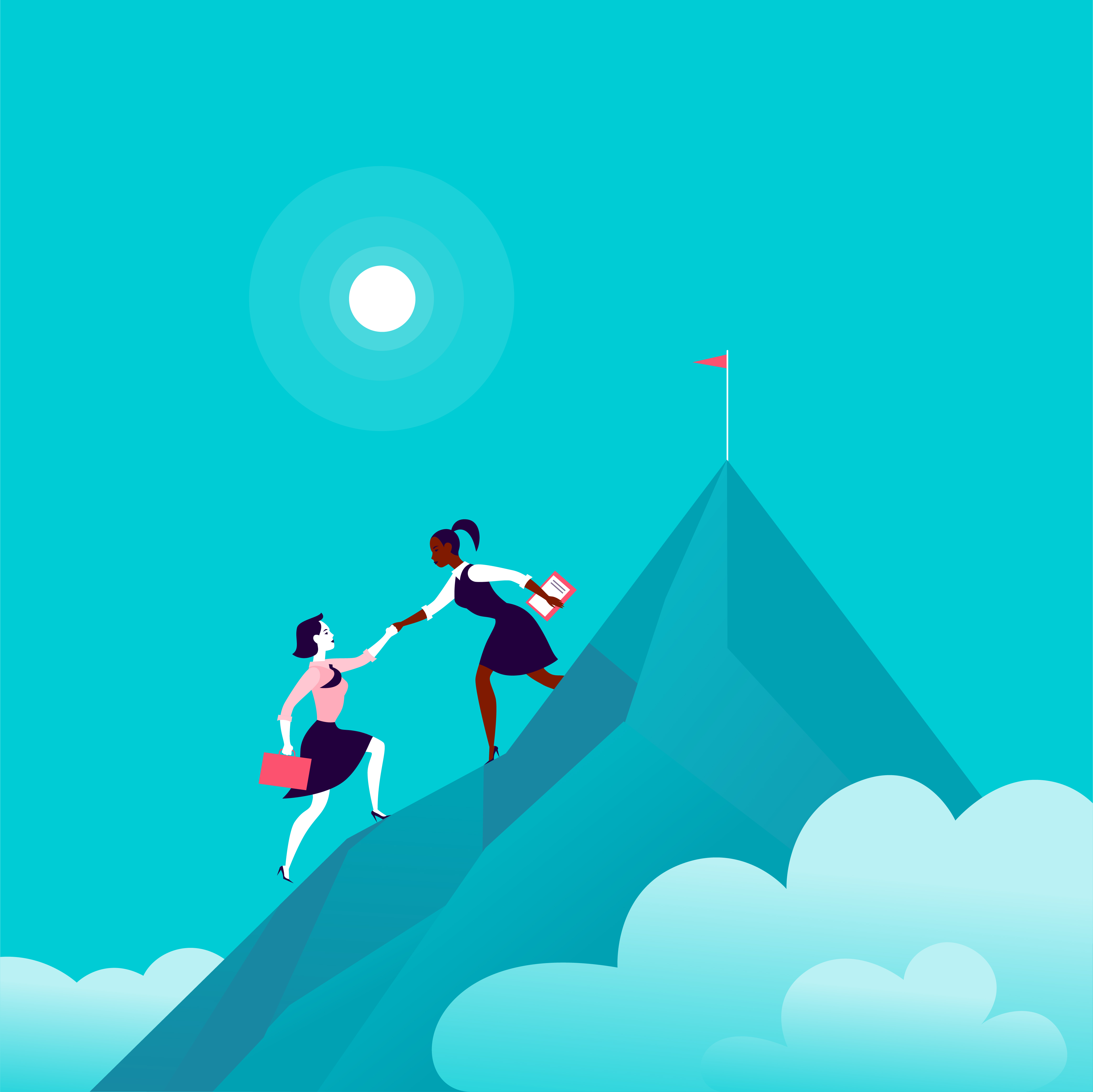 Flat illustration with business ladies climbing together on mountain peak top on blue clouded sky background. GettyImages 1139432435