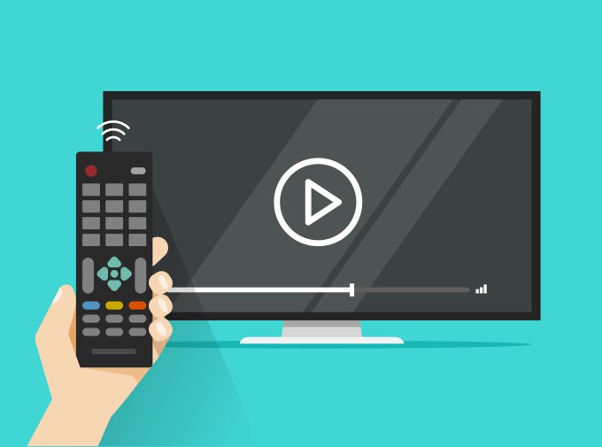 Remote control in hand near flat screen tv watching video film, cartoon design person watching movie or film on television display GettyImages 917995276