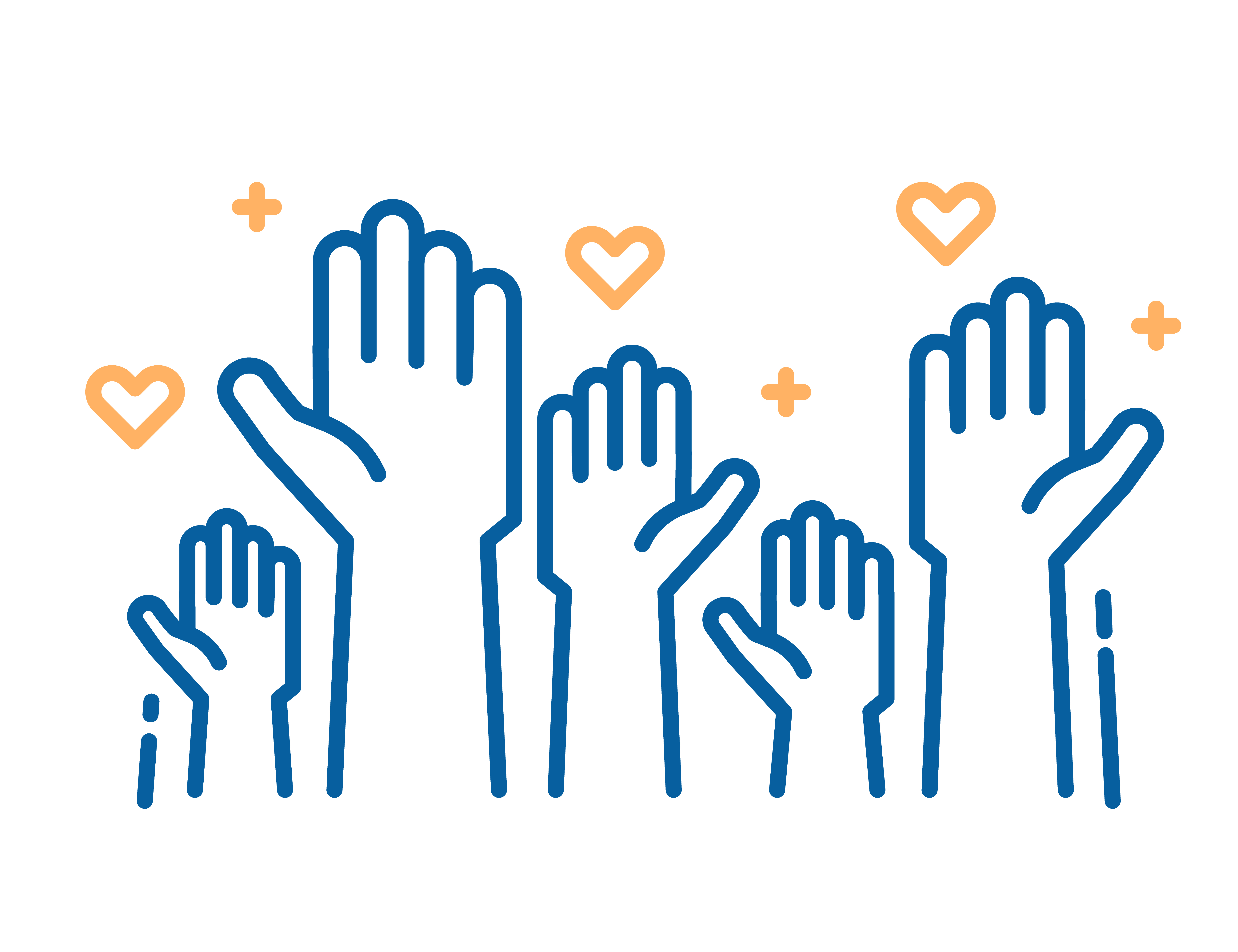 Volunteers and charity work. Raised helping hands. Vector thin line icon illustrations with a crowd of people ready and available to help and contribute. Positive foundation, business, service. GettyImages 943479036