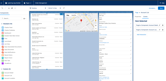 An example of dynamic interactions from Salesforce. Clicking an item of the left causes its locations to appear in the center and information about the selected item on the right.